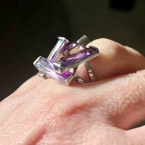 Unique Natural Amethyst Rhodium Plated Sterling Silver Cocktail Ring SZ 6